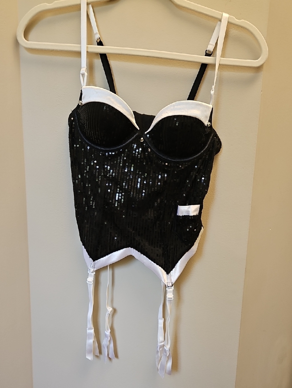 3 PIECE Jezebel Black Sequin SET/Bustier w/ Garter Strap/Bra/Panties